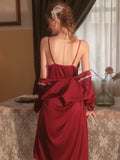 Lace Decoration Two-Piece Slip Dress & Robe Set With Belt