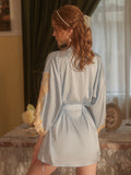 Short Blue Lace Decoration Two-Piece Slip Dress & Robe Set With Belt