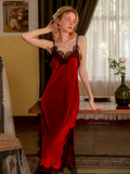 Lace Sexy Backless Slip Dress Long Red One-Piece Nightgown