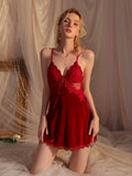 Backless Lace Slip Dress Short Red One-Piece Nightgown