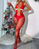 Christmas Fuzzy Trim Hollow Out Backless Bodystockings