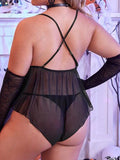 Plus Size & Curve Sheer Flower Lace Lingerie Romper With G-string T-back Briefs