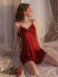 Red Sleeveless Sexy Deep V-Neck Design One-Piece Nightgown