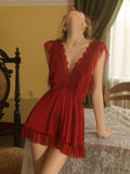 Red Sleeveless Lace Decoration Sexy Sleepwear One-Piece Nightgown