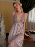 Long Purple Sexy Deep V-Neck Design One-Piece Nightgown