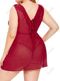 Plus Size Lingerie Dress Solid Color Ruffle Tied Back Mesh Sheer Lingerie Set