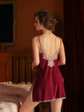 Sleeveless Spaghetti Straps Red One-Piece Nightgown With T-Back