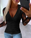 Lace Patch Deep V-Neck Ruched Top-Black